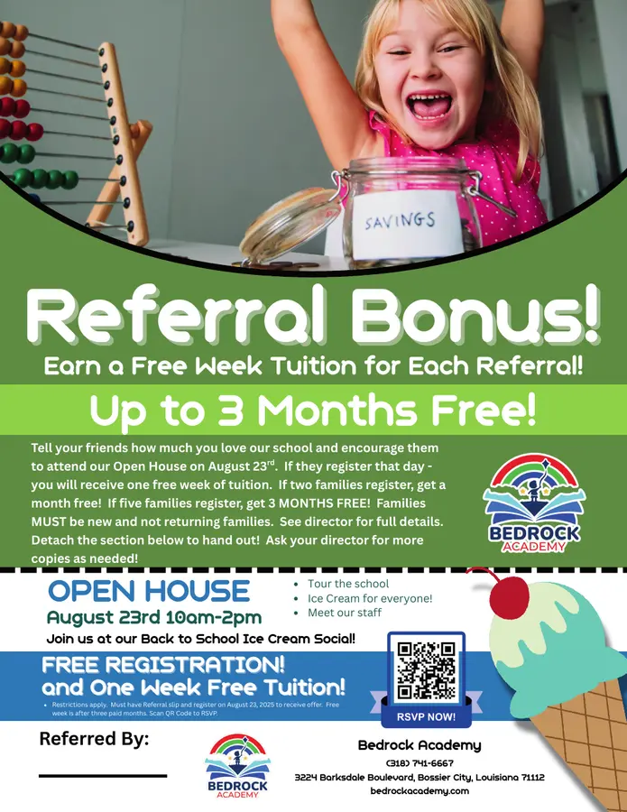 Bedrock Academy referral and open house campaign flyer