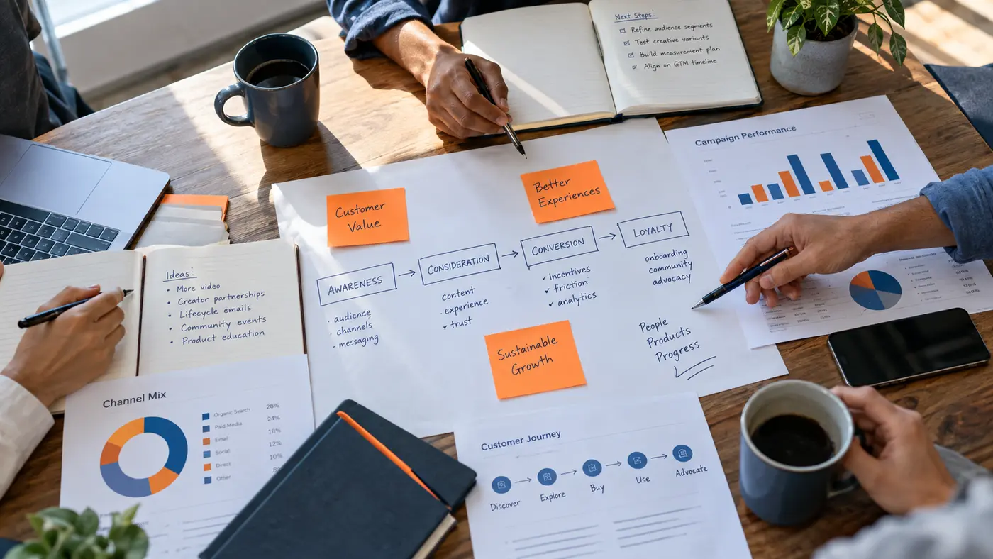 A collaborative marketing strategy session with journey maps and performance charts